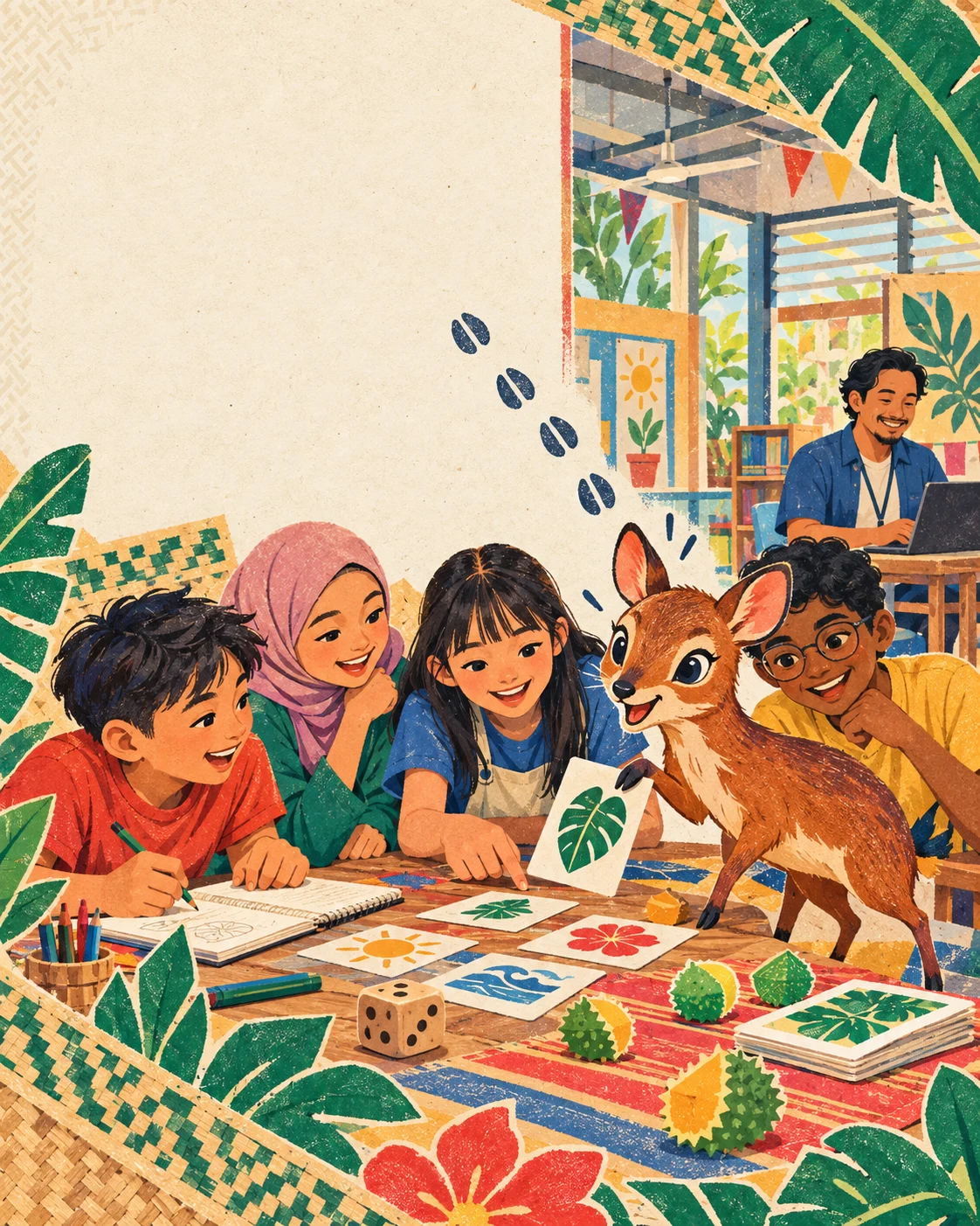 Malaysian children at a table with prompt cards and durian tokens, a friendly mouse-deer mascot joining in, while a facilitator works on a laptop behind them