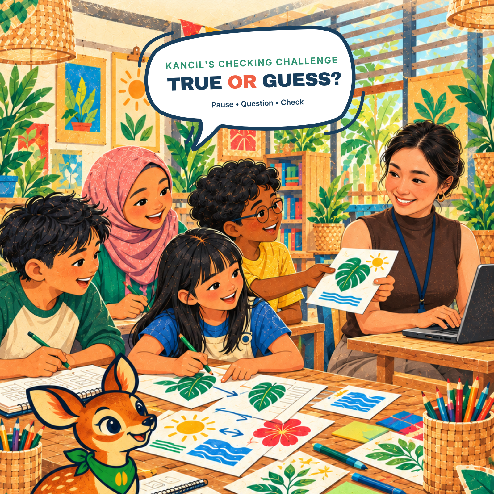 Michelle and children testing AI answers in Kancil’s True or Guess challenge
